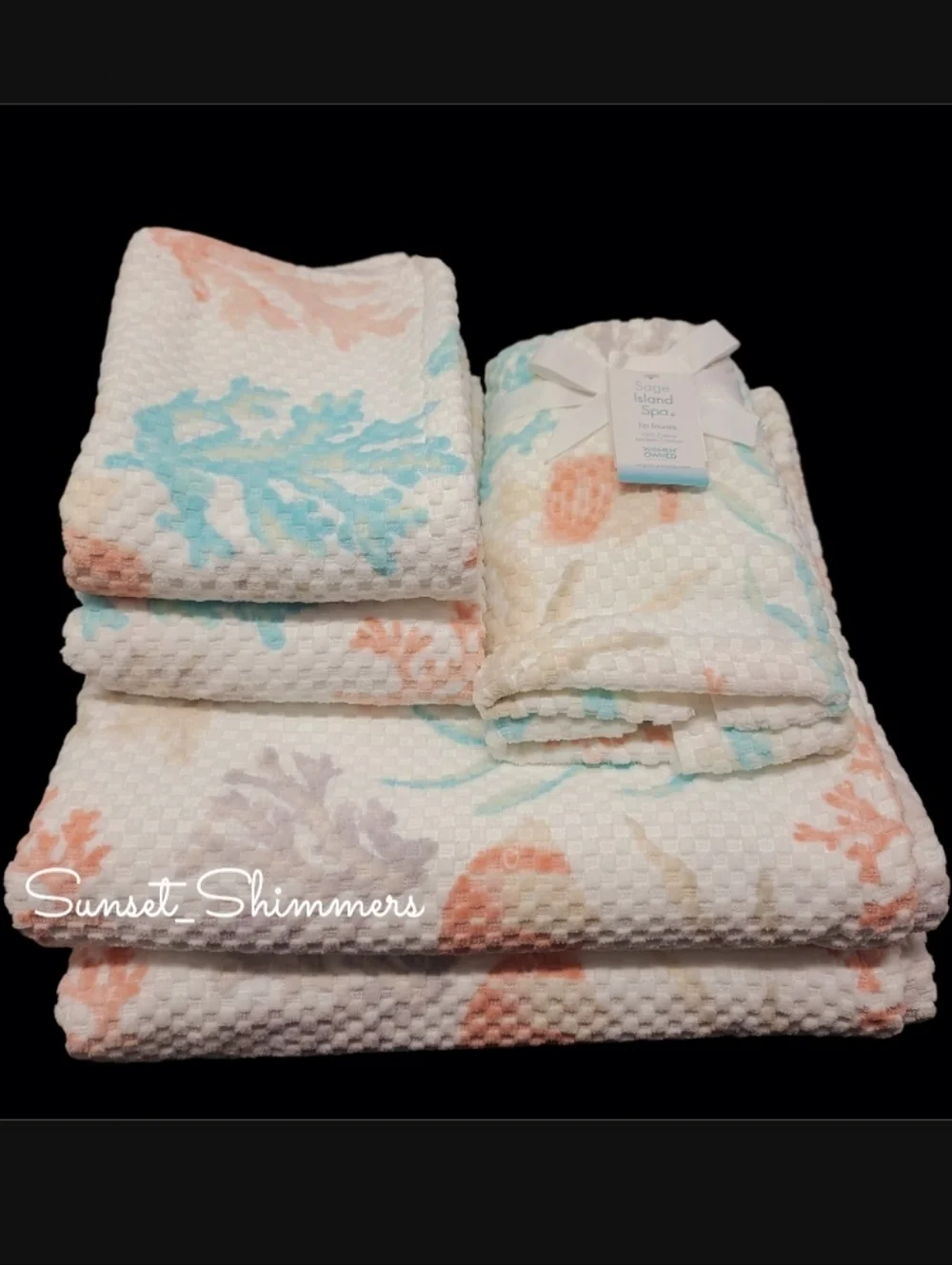 6pc Fish & Sea Coral Coastal Bath Hand Tip Towel Set Sage Island Spa NEW